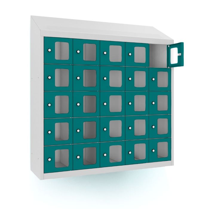 Photo en studio du casier téléphonique Lockeel avec 25 compartiments et serrure à clé, avec l'une des portes bleu-vert avec fenêtre ouverte pour la visualisation.