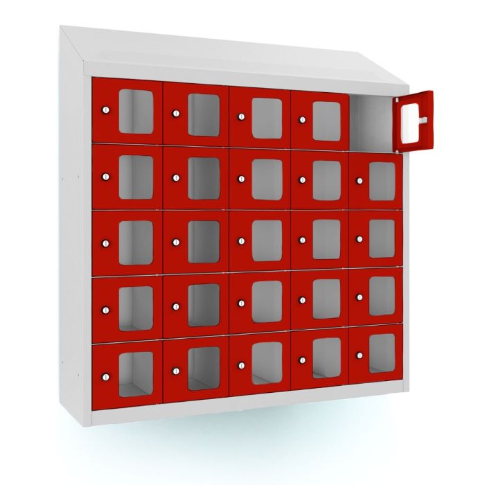 Photo studio du casier téléphonique Lockeel avec 25 compartiments et serrure à clé, avec une porte rouge ouverte et le reste du casier fermé.