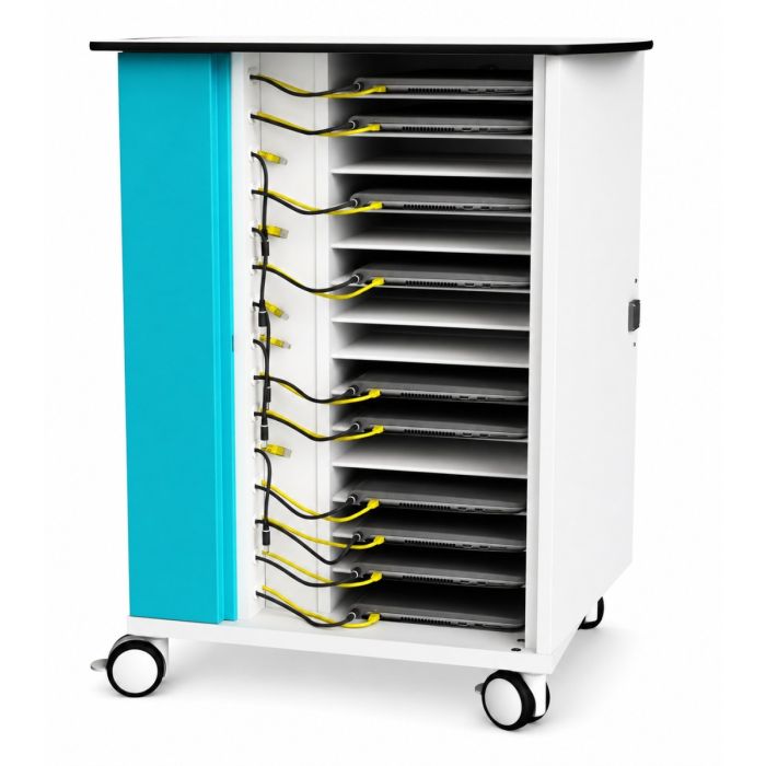 Chariot de chargement ouvert pour ordinateur portable Zioxi avec compartiments de chargement visibles et gestion des câbles.