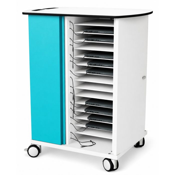 Ouvrez le chariot de chargement Zioxi onView2 avec compartiments visibles pour ordinateur portable et gestion des câbles.