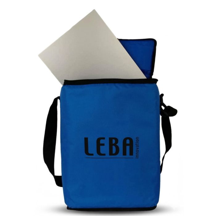 Ouvrir LEBA NoteBag Grand sac avec un ordinateur portable et un intérieur bleu visible.