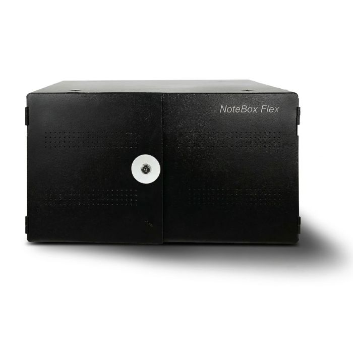 Façade de l'armoire de recharge LEBA NoteBox Flex 16 AC avec portes fermées et serrure RFID.