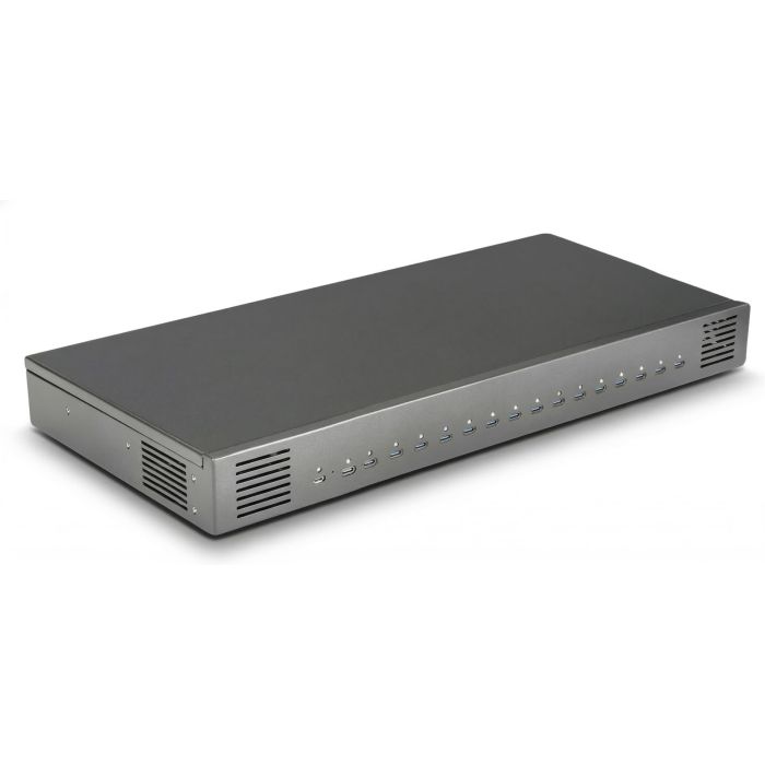 Vue latérale du hub de chargement USB-C Torvik OLH-16 avec 16 ports, visible dans une finition moderne.