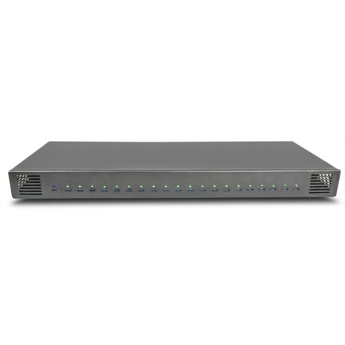 Vue de face du hub de chargement USB-C Torvik OLH-20 présentant 20 ports avec indicateurs LED.