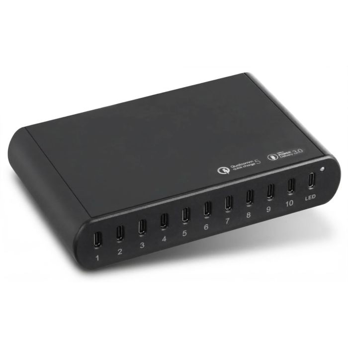 Vue latérale du hub de chargement Torvik OLH-10 USB-C avec 10 ports et indicateur LED.