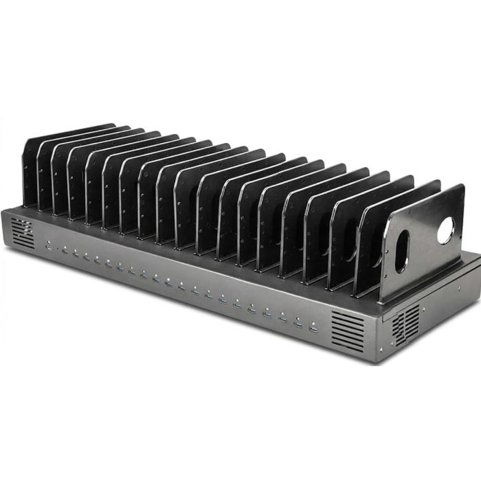 Vue latérale de la station de recharge Torvik OLS-20 avec 20 ports USB-C et compartiments ouverts pour les appareils.