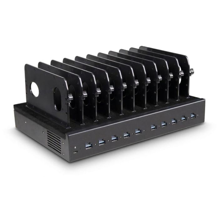 Vue latérale de la borne de recharge Torvik OLS-DC-10 avec compartiments de recharge ouverts pour 10 appareils.