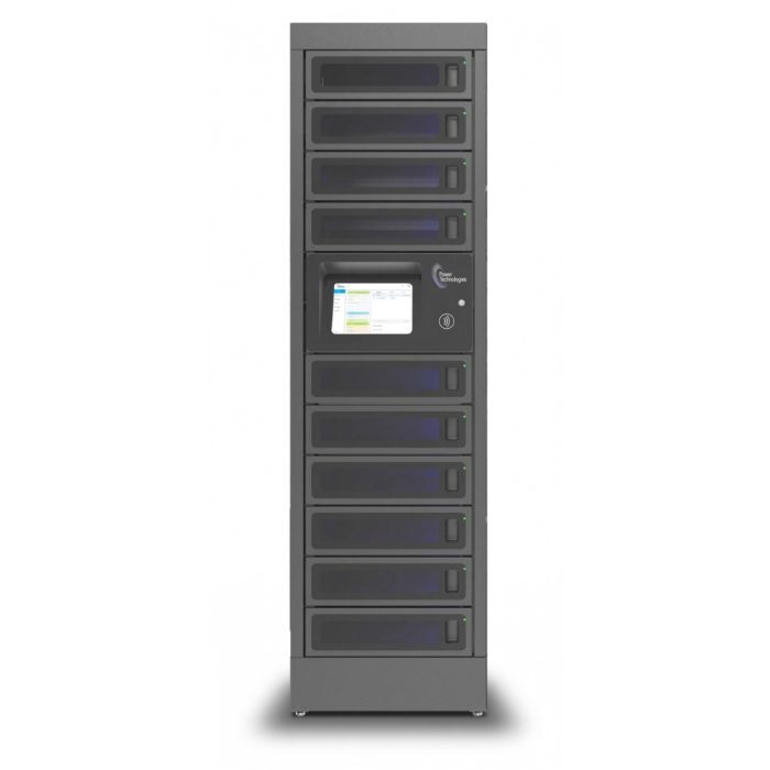 Vue de face du casier de chargement modulaire Power Technologies PT-PRO-10 avec 10 compartiments et écran de contrôle.