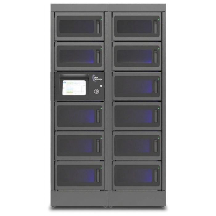 Vue de face du casier de recharge modulaire Power Technologies avec 11 grands compartiments et panneau de commande.