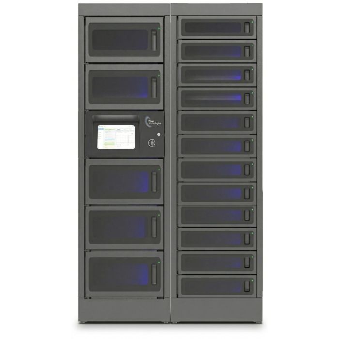 Vue de face du casier de chargement modulaire Power Technologies PT-PRO-17 avec compartiments ouverts et écran de contrôle.