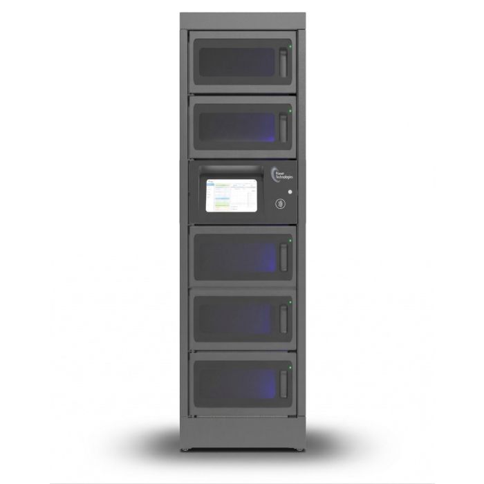 Vue de face du casier de chargement modulaire Power Technologies PT-PRO-5 avec cinq grands compartiments et écran de contrôle.