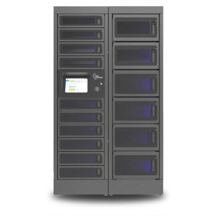 Vue de face du casier de chargement modulaire Power Technologies PT-PRO-16 avec compartiments ouverts et écran de contrôle.