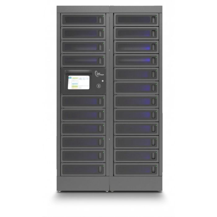 Vue de face du casier de chargement modulaire Power Technologies PT-PRO-22 avec 22 compartiments et écran de contrôle.