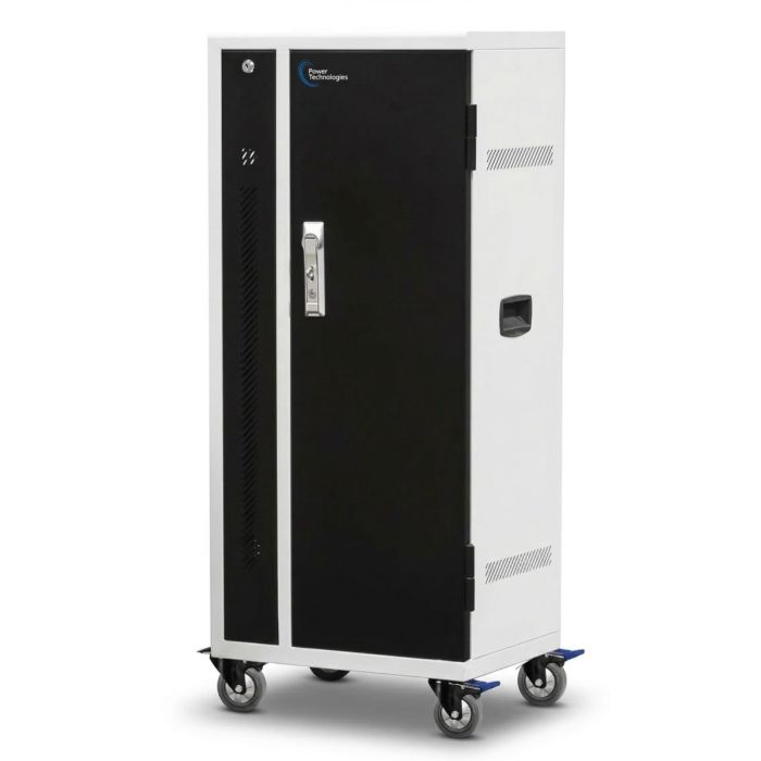Vue latérale du chariot de chargement CA Power Technologies PT-VERT-GLIDE-24 avec porte fermée et roues pour la mobilité.
