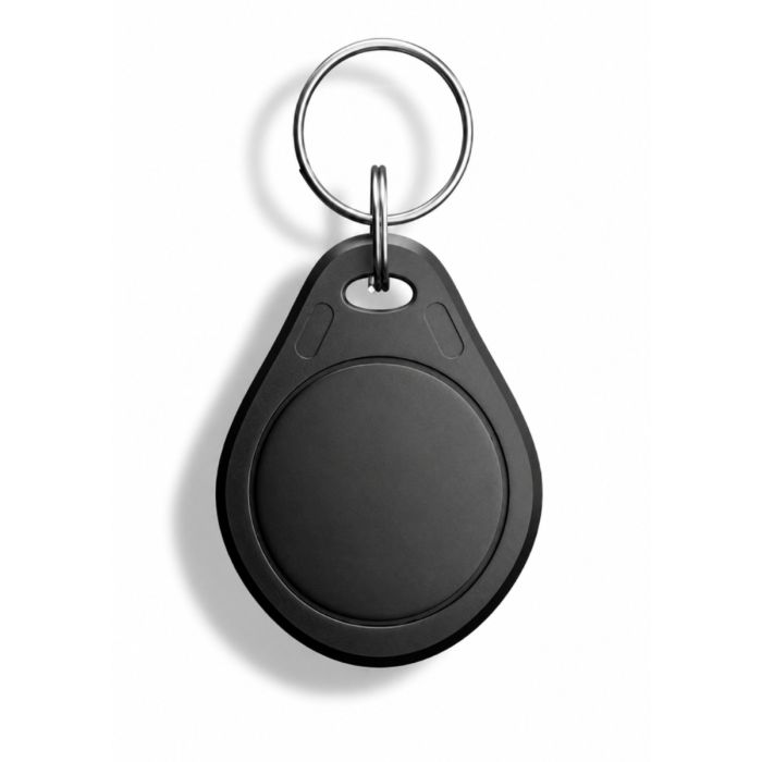 Vue de dessus du porte-clés RFID Scolio avec une finition noire et un anneau métallique.