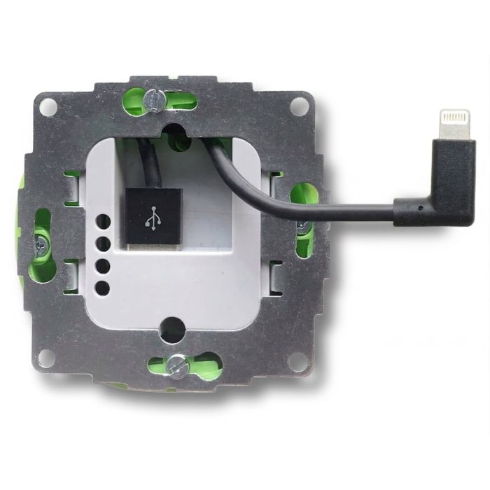 Vue détaillée de l'alimentation intégrée Smart Things sCharge USB-A avec câble Lightning, avec connexions et points de montage visibles.