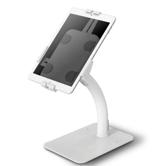 Vue latérale du support de table antivol Scolio avec tablette, bien visible avec passe-câbles et base robuste.