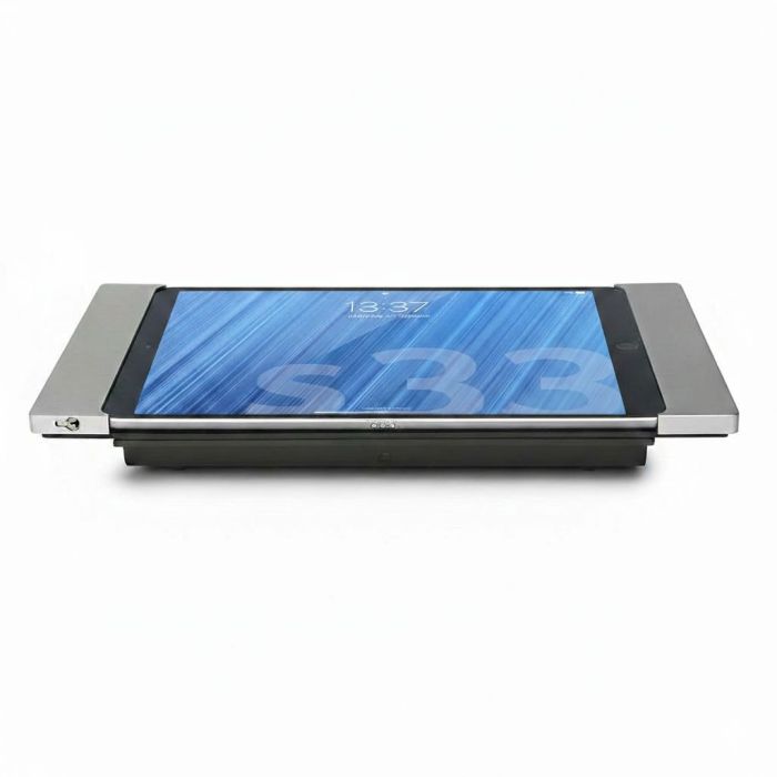 Vue latérale du support de table Smart Things sDock Fix pour iPad Air 10,9 pouces, avec une finition argentée et l'écran visible.