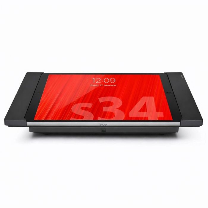 Vue latérale du support de table Smart Things sDock Fix pour iPad Pro 13 pouces, avec un fond rouge vif.