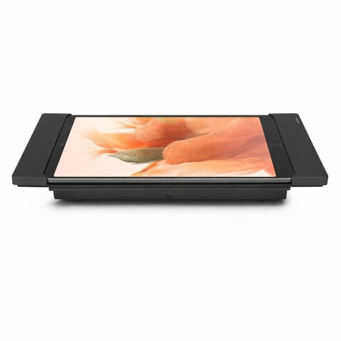 Vue latérale du support de table Smart Things sDock Fix avec Samsung Galaxy Tab S9, noir, avec tablette en position paysage.