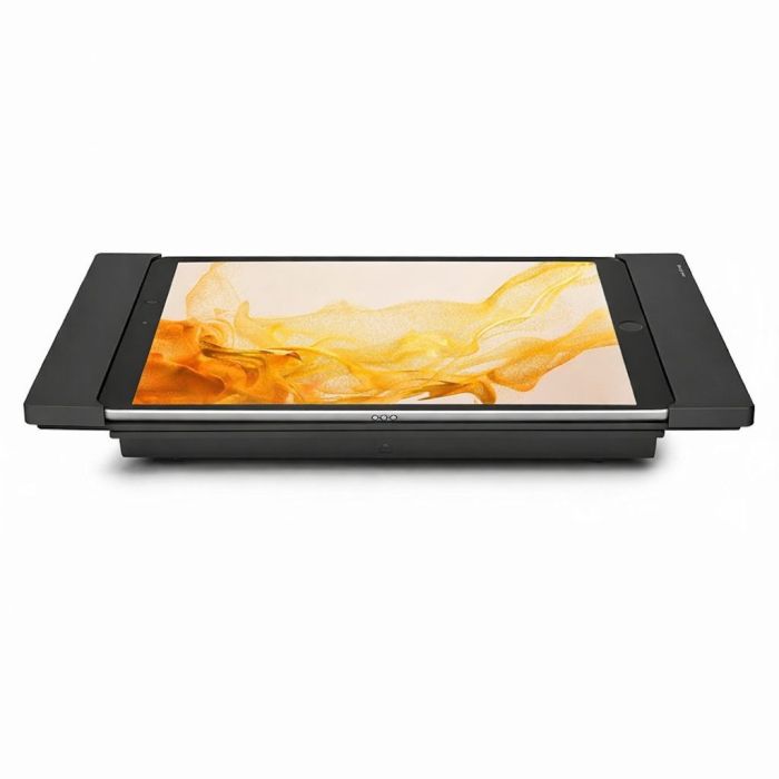 Vue latérale du support de table Smart Things sDock Fix pour Samsung Galaxy Tab S10+, avec la tablette en position paysage.