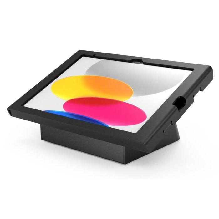 Vue latérale du support de table Compulocks AV Capsule Swell pour iPad 11 pouces, avec une tablette inclinée et des connexions visibles.