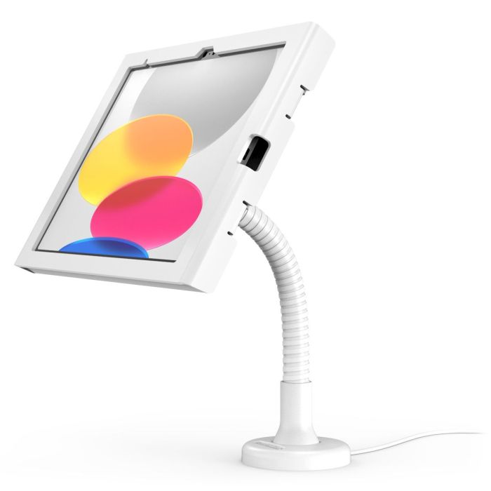 Vue latérale du support de table Compulocks Flex Swell pour iPad 11 pouces, avec bras flexible et design blanc.