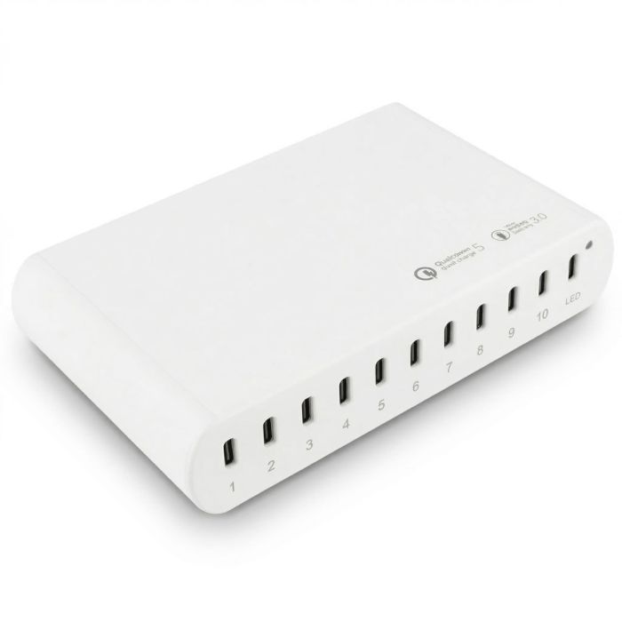 Vue d'angle du hub de chargement USB-C Torvik OLH-10 avec dix ports et indicateur LED.
