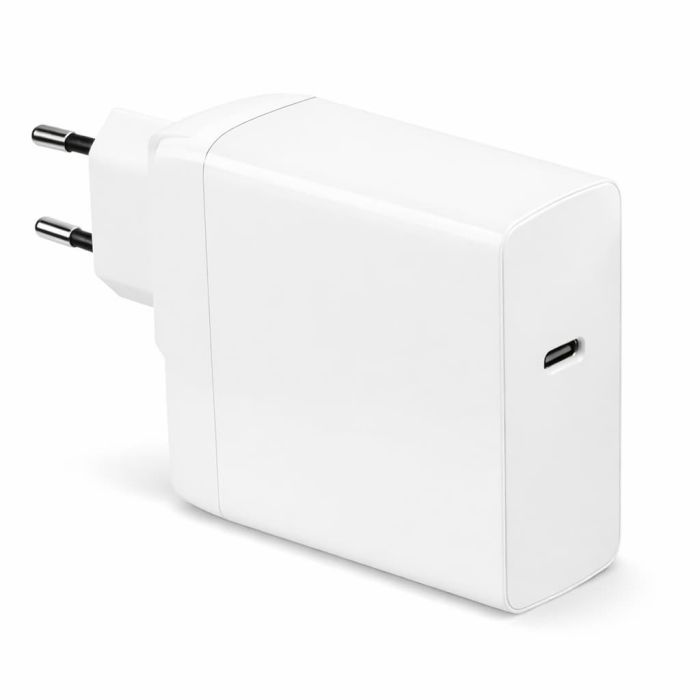 Vue latérale de l'adaptateur USB-C Torvik 100 W avec prise EU en blanc, avec port USB-C visible.