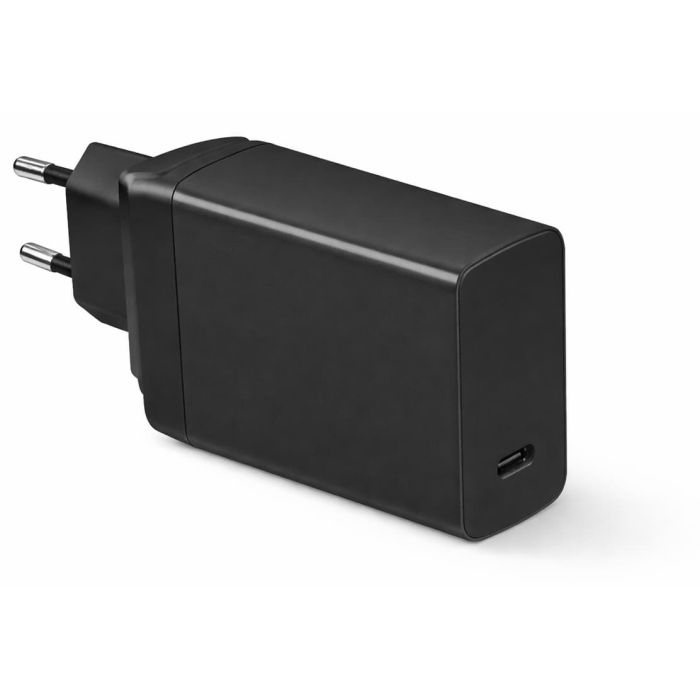 Vue latérale de l'adaptateur USB-C Torvik 65W noir avec prise EU, avec port USB-C visible.