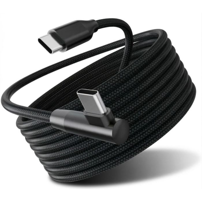 Vue détaillée du câble de chargement et de données Torvik USB-C vers USB-C à angle droit avec un design tressé noir.