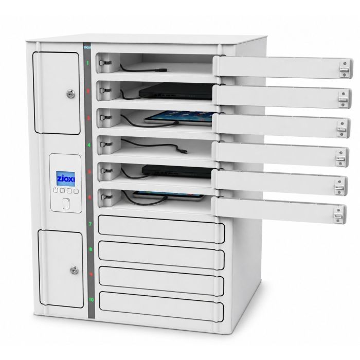 Ouvrez le casier de chargement Zioxi onView Chromebook pour 10 appareils, avec les compartiments de droite ouverts et les câbles de chargement visibles dans l'armoire.