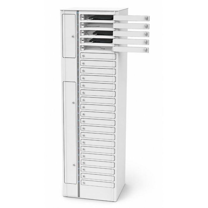 Casier de chargement pour ordinateur portable Zioxi pour 24 ordinateurs portables avec serrure à clé, avec les compartiments supérieurs ouverts pour révéler les compartiments de chargement individuels.
