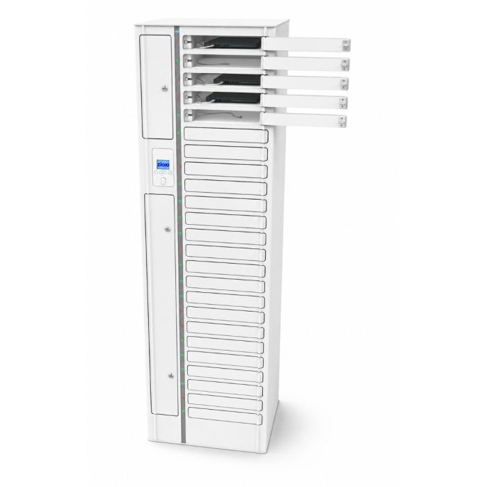 Vue de face du casier de chargement Zioxi onView Chromebook avec compartiments ouverts, câbles de chargement visibles et panneau RFID MiFare sur le côté gauche.
