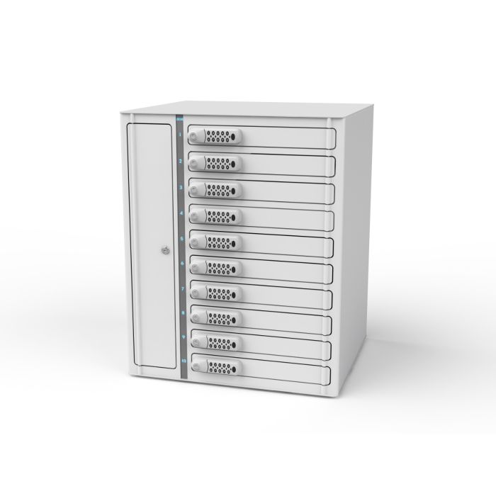 Photo en studio du casier de chargement pour ordinateur portable Zioxi pour 10 ordinateurs portables, présenté en vue de face oblique avec les dix compartiments équipés d'un verrou à code.