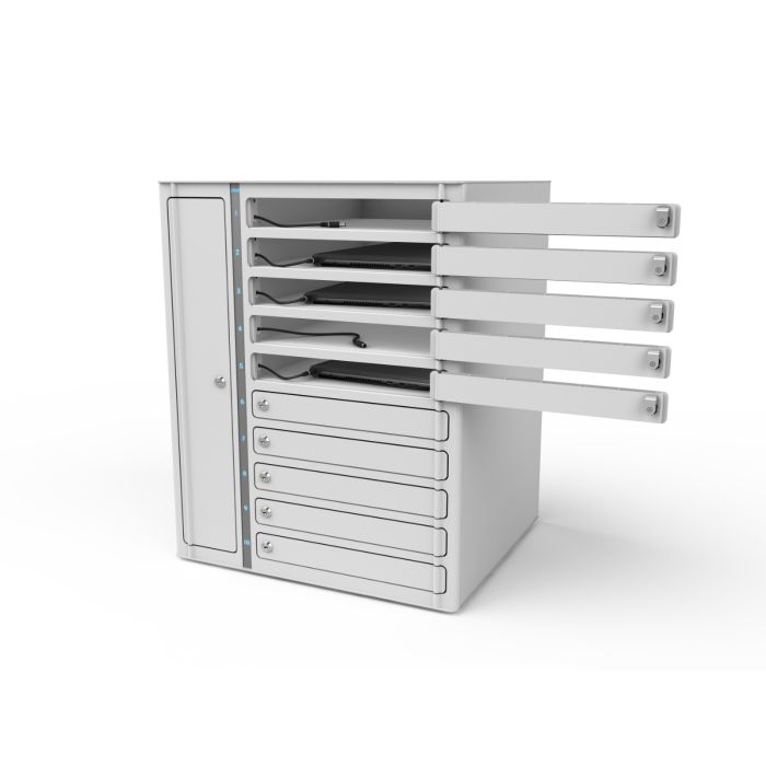 Casier de chargement pour ordinateur portable Zioxi pour 10 ordinateurs portables avec serrure à clé, où les cinq compartiments de chargement individuels supérieurs sont ouverts pour placer des ordinateurs portables.