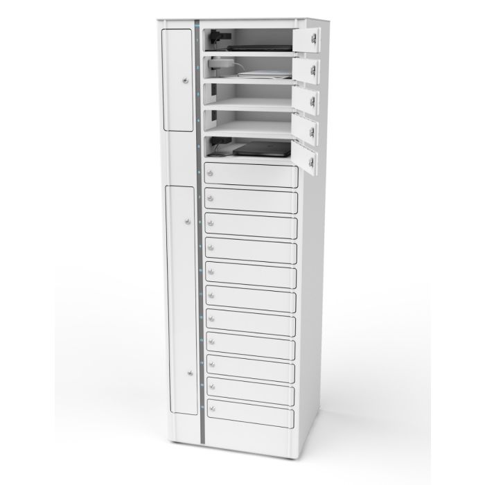 Vue de face du casier de chargement pour ordinateur portable Zioxi pour 16 ordinateurs portables avec les compartiments supérieurs ouverts, exposant les points de chargement internes.