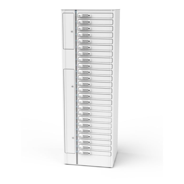 Vue de face du casier de chargement pour ordinateur portable Zioxi pour 24 ordinateurs portables, avec portes fermées et serrures à code numérique clairement visibles par compartiment de chargement.