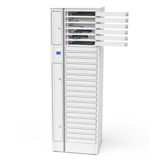 Vue de face du casier de chargement Zioxi onView pour 24 ordinateurs portables, avec les compartiments supérieurs ouverts avec des câbles de chargement USB-C visibles à l'intérieur.