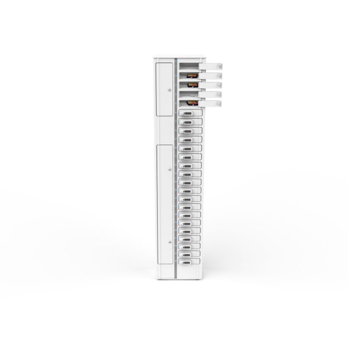 Vue latérale du casier de chargement pour smartphone Zioxi avec compartiments ouverts pour 24 smartphones et serrure à code numérique.