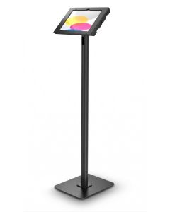 Vue latérale du support au sol Compulocks Swift Swell pour iPad 11 pouces, noir, avec une tablette inclinée.