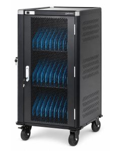Vue latérale du chariot de recharge Manhattan AC avec compartiments ouverts pour 30 appareils, équipé d'un verrou et de roulettes pour la mobilité.