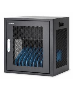 Vue latérale de l'armoire de chargement Manhattan AC avec compartiments de chargement ouverts pour 10 appareils jusqu'à 16 pouces.