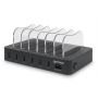 Vue latérale de la station de recharge USB-A à 6 ports Manhattan avec compartiments de recharge ouverts et ports USB visibles.