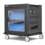 Vue latérale du chariot de chargement Manhattan AC avec compartiments ouverts pour 32 tablettes ou ordinateurs portables jusqu'à 15,6 pouces, visibles avec les supports bleus.