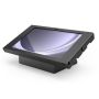 Vue latérale du support de table Compulocks AV Capsule Apex pour Samsung Galaxy Tab A11+, noir, avec une tablette inclinée.