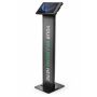 Vue latérale du support de sol noir Compulocks BrandMe Apex avec Samsung Galaxy Tab S10 FE, avec espace de marque visible.
