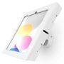 Gros plan du support mural Compulocks Bow Swell blanc pour iPad, montrant une vue claire de l'écran et des détails de montage.