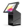 Vue latérale du kiosque d'imprimante pour tablette Compulocks avec un iPad en position verticale, en mettant l'accent sur le design moderne et la base robuste.