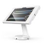Vue latérale du support de table Compulocks Mast Apex pour iPad Pro 11 pouces, avec une finition blanche moderne et une base robuste.
